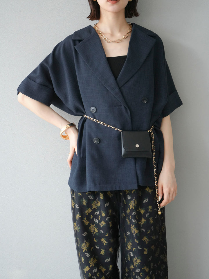 [SET]リネンライクハーフテーラードジャケット+コード刺繍チュールレイヤードパンツ(2set)