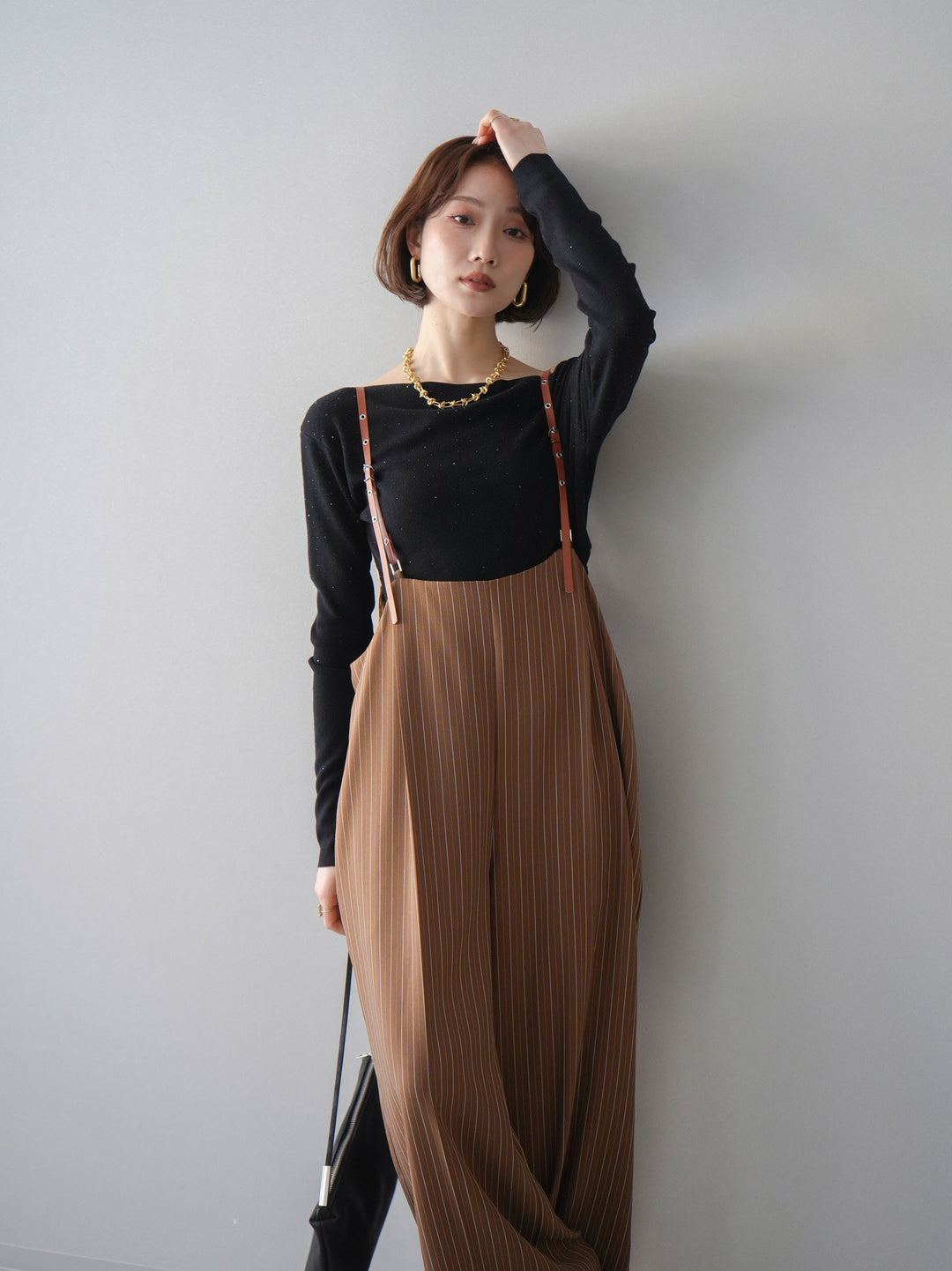 [予約]ヘリンボーンストライプサス付サロペット/goldbrown