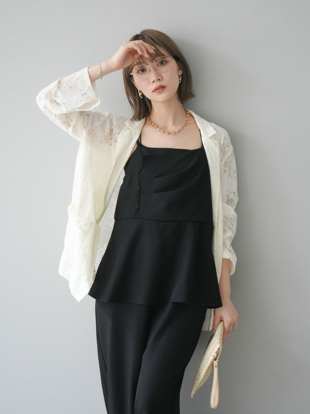 [預購] 亞麻觸感多層吊帶連身衣/黑色