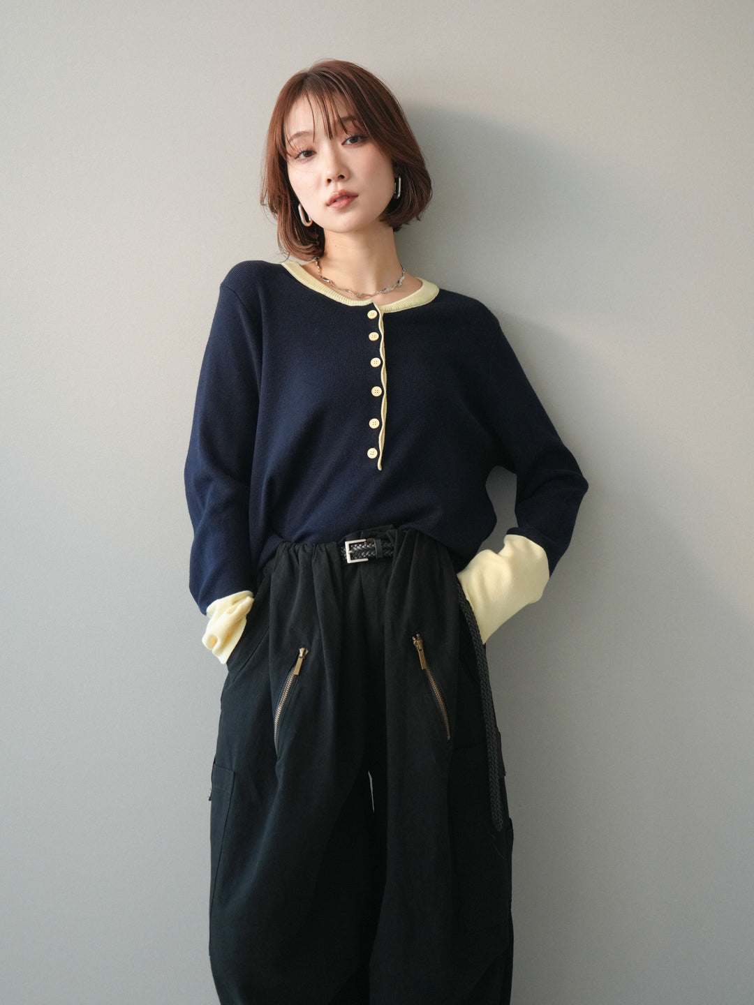 [予約]ヘンリーネック配色ニットソー/navy