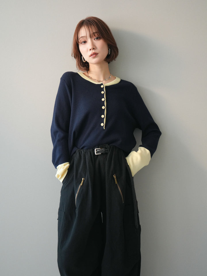 [予約]ヘンリーネック配色ニットソー/navy