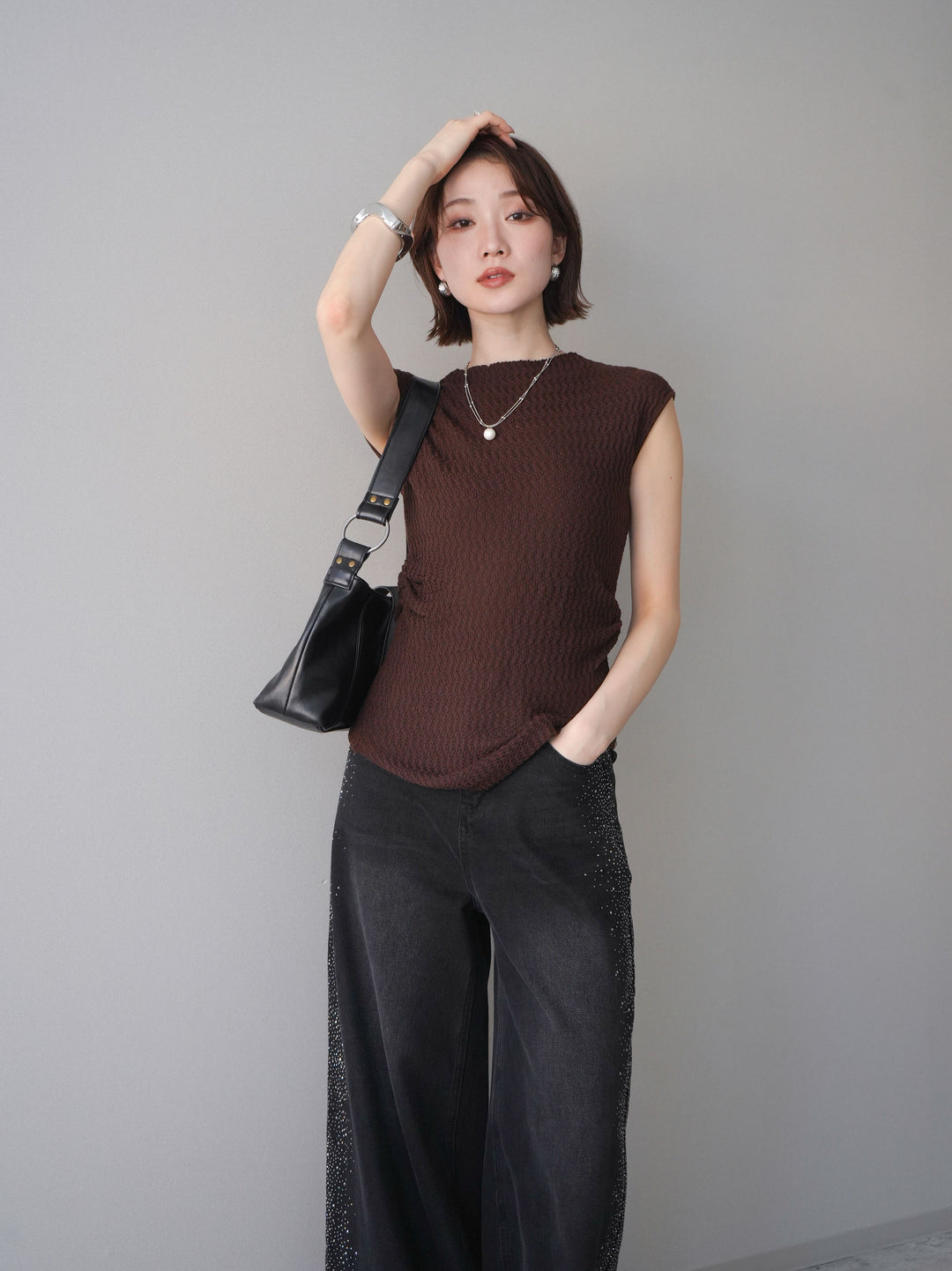 [予約]サイドシャーリングボトルネックノースリーブニットプルオーバー/brown