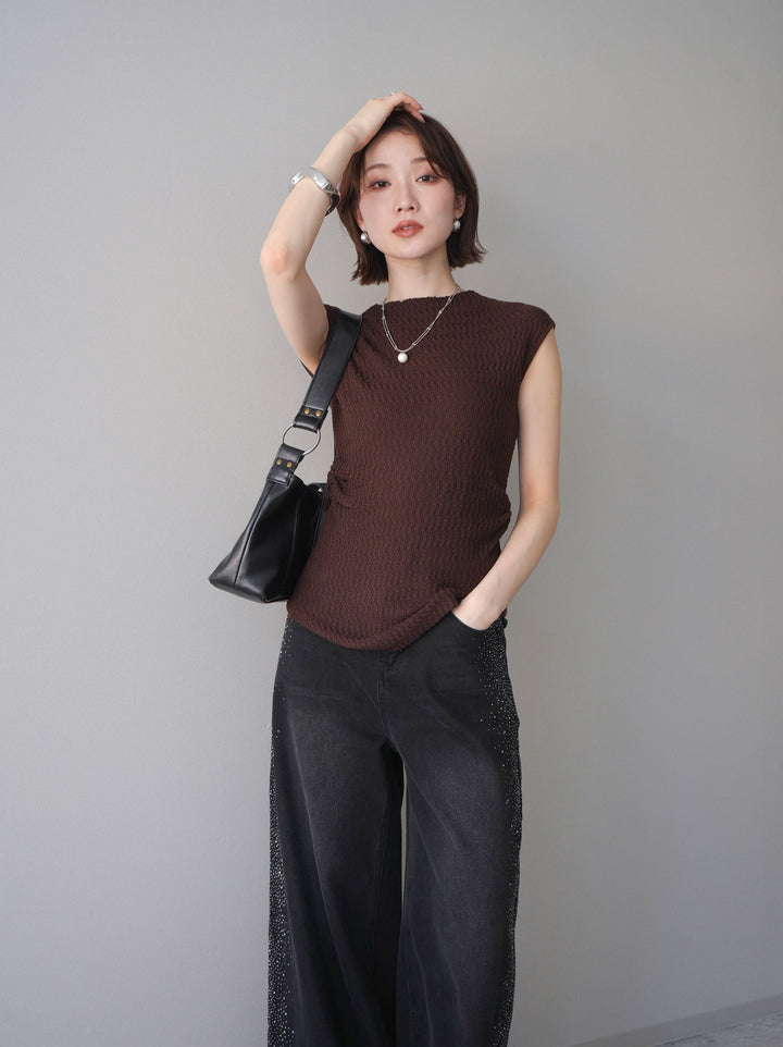 [予約]サイドシャーリングボトルネックノースリーブニットプルオーバー/brown