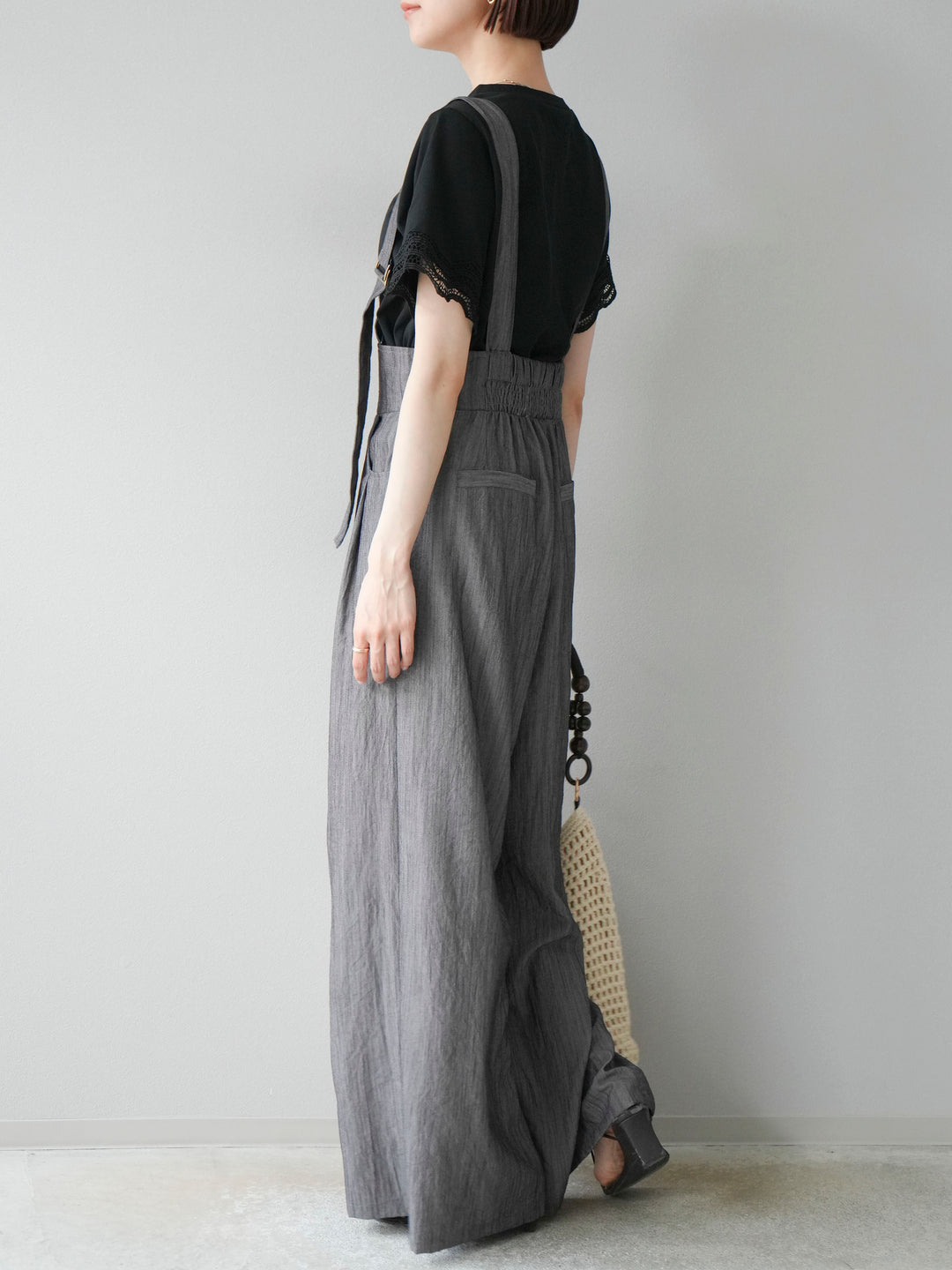 [予約]ストリングデザインハイウエストサロペット/チャコール