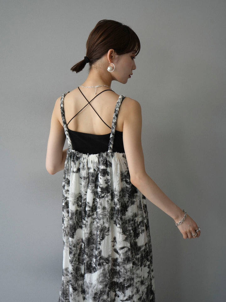 [Pre-order] Damaged Nuance Pattern Braided String Cami Dress/White