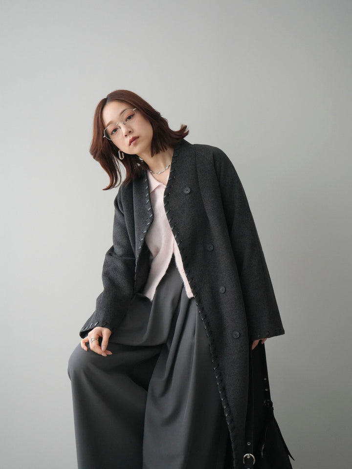 [SET]ハンドステッチ裏中綿ロングコート+テープベルトタックバギーパンツ(2set)