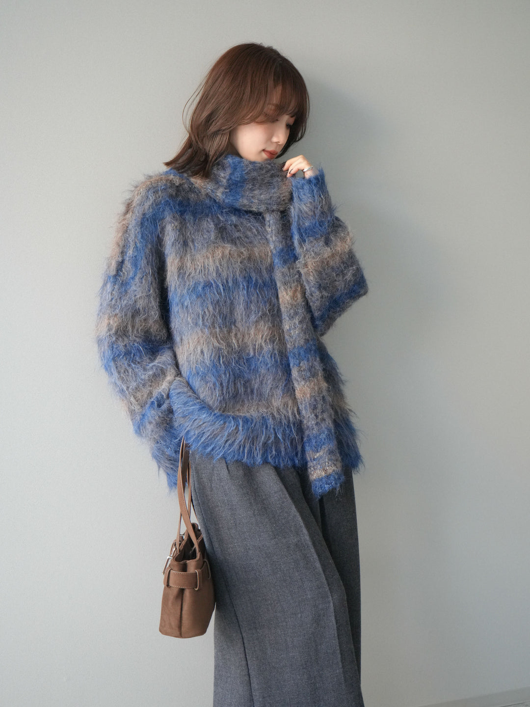 [予約]ストール付シャギーマルチボーダーニットプルオーバー/blue