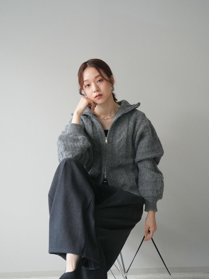 [SET]ケーブル編みハイネックZIPニットカーディガン+アニマル柄ベルト付きウールタッチワイドパンツ(2set)