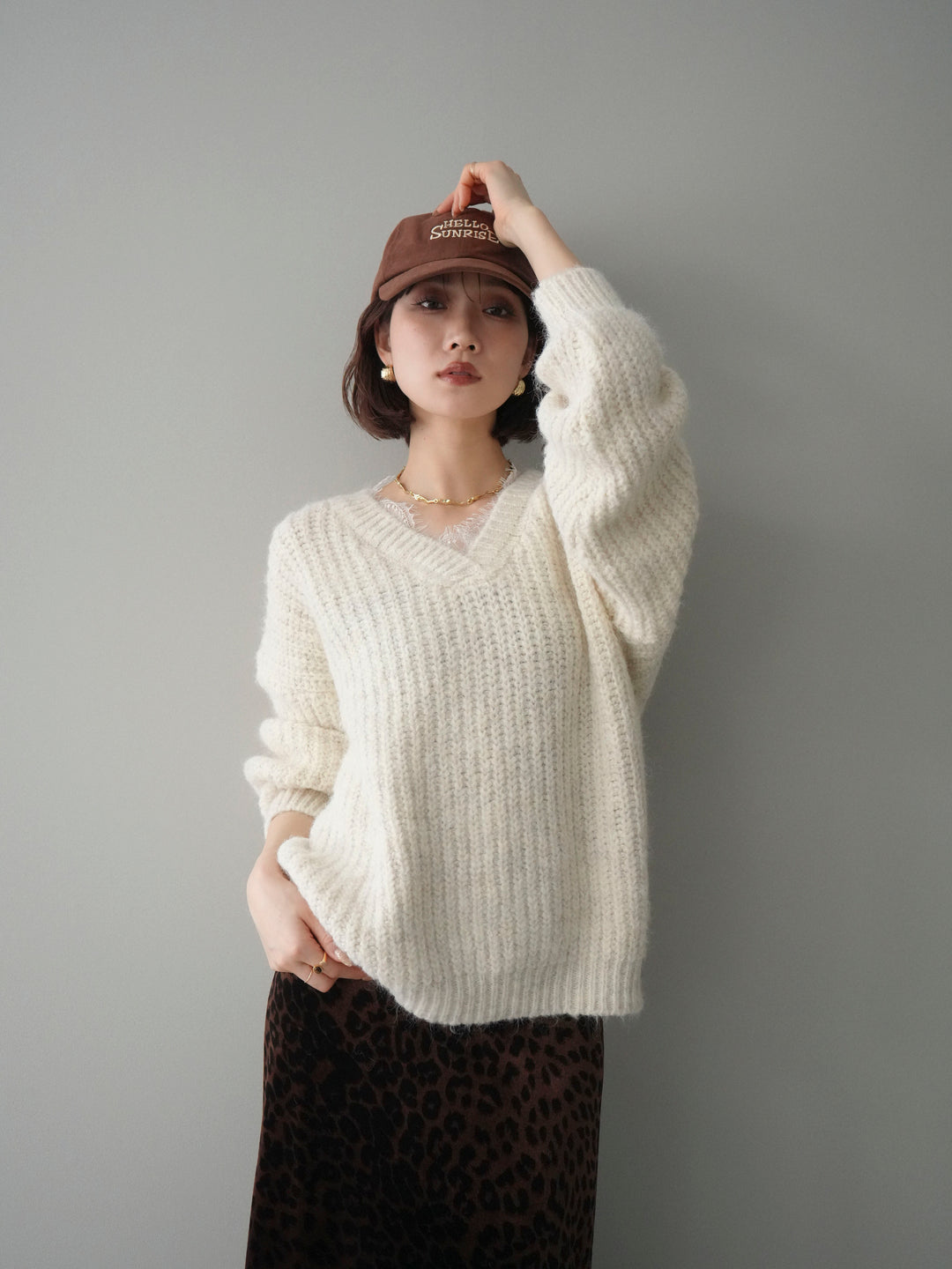 [SET]Vネックレースニットプルオーバー+レオパードベロアナロースカート(2set)