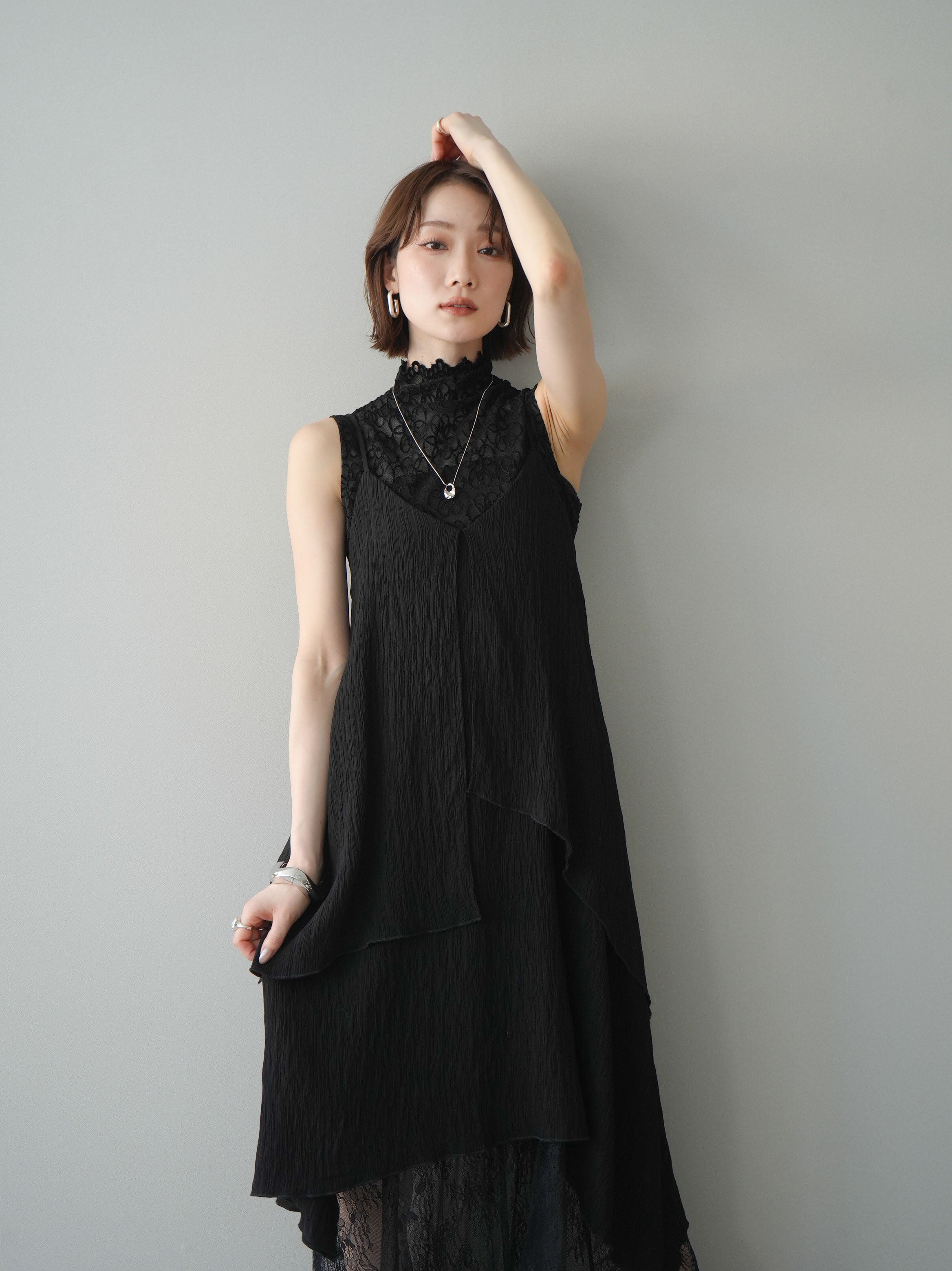 Y's ワイズ　フラワーレース　アシンメトリー　ワンピース　ノースリーブ　変形 SET]レース切替アシンメトリーワンピース+ノースリーブプチネック