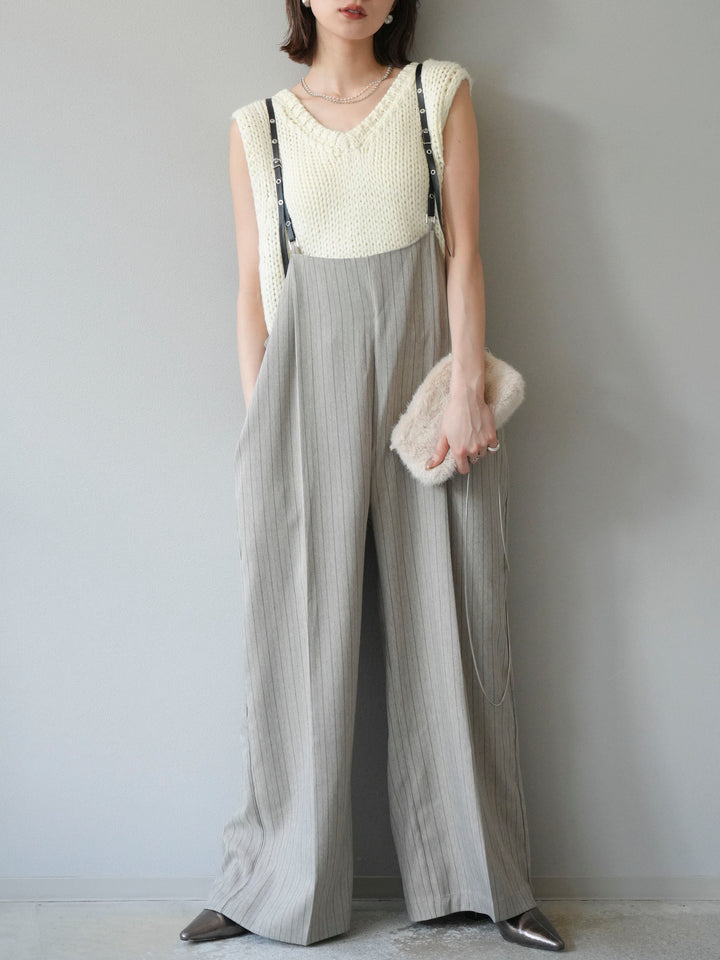 [予約]ヘリンボーンストライプサロペット/グレージュ