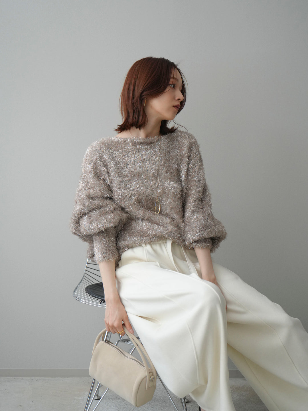 [予約]ラメシャギードルマンニットプルオーバー/beige