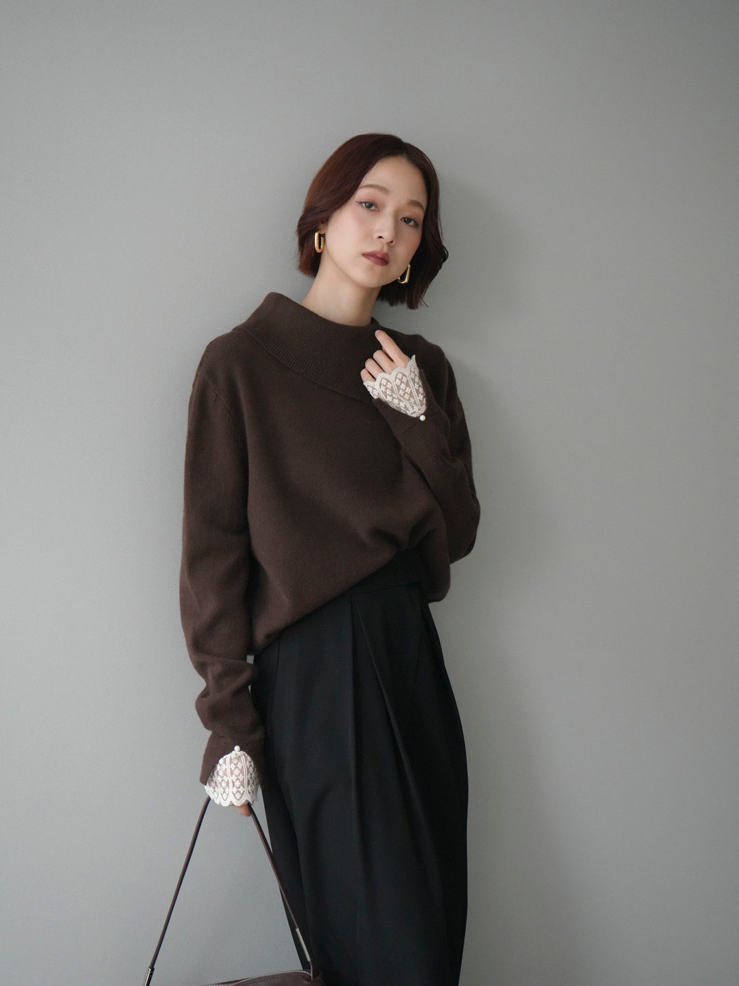 [SET]袖レースパール付き配色ニットトップス+テープベルトタックバギーパンツ(2set)