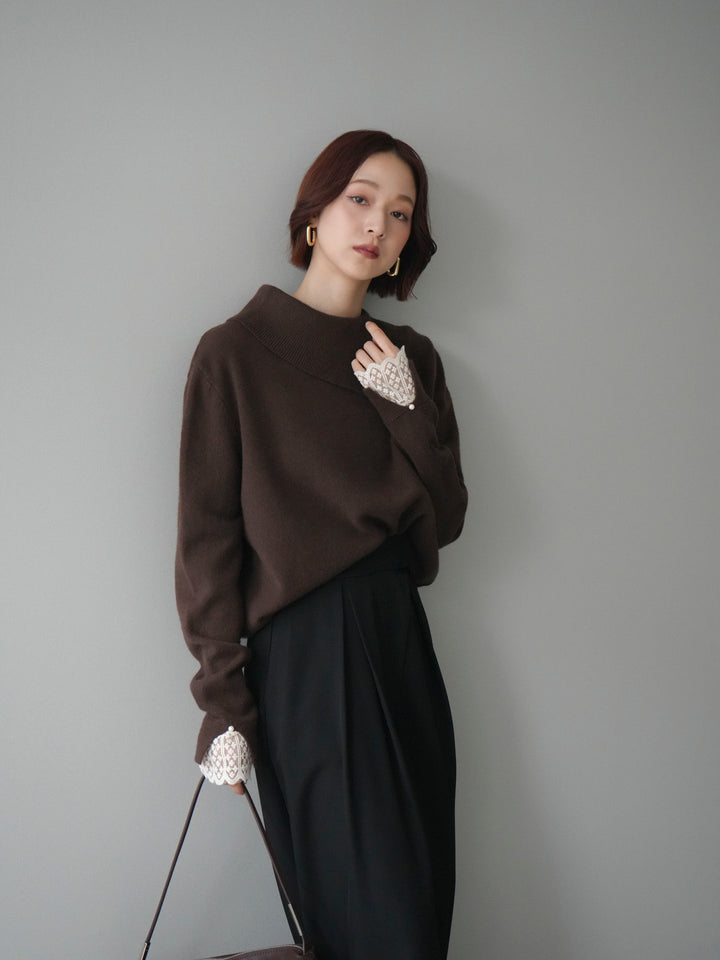 [SET]袖レースパール付き配色ニットトップス+テープベルトタックバギーパンツ(2set)