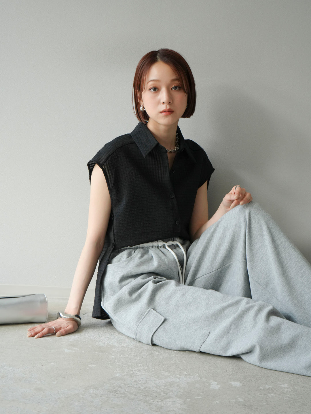 [予約]シアーチェックノースリーブシャツ/ブラック