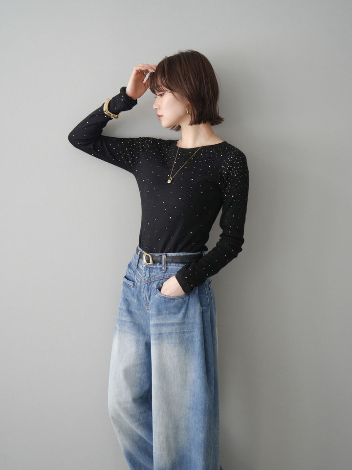 [SET]スパンコールシアーニットトップス+選べるアクセセット(2set)