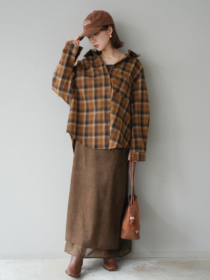 [予約]サイドスリットスウェードドッキングシフォンスカート/ブラウン