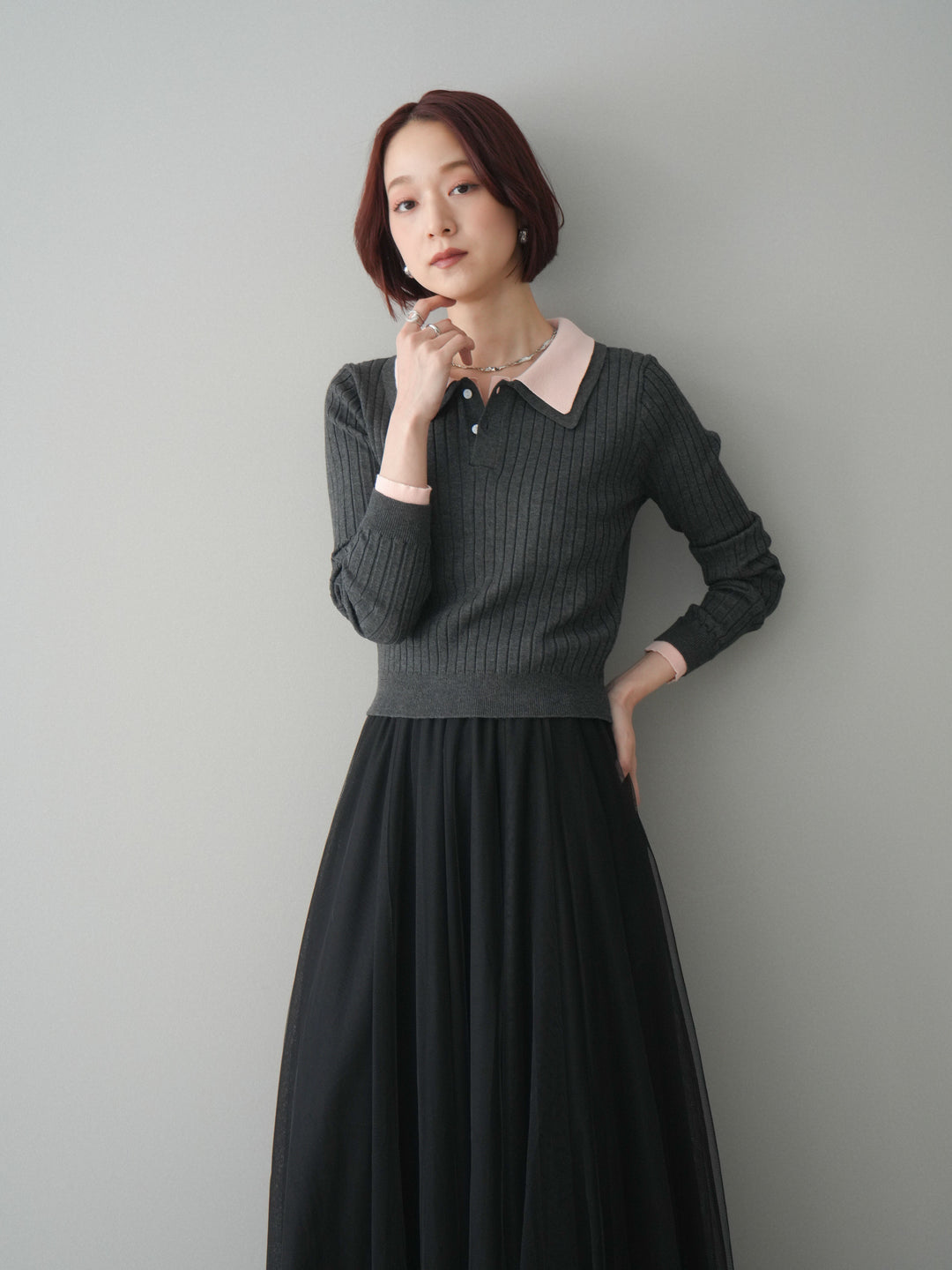 [SET]ダブル襟ポロリブニットトップス+チュールボリュームスカート(2set)