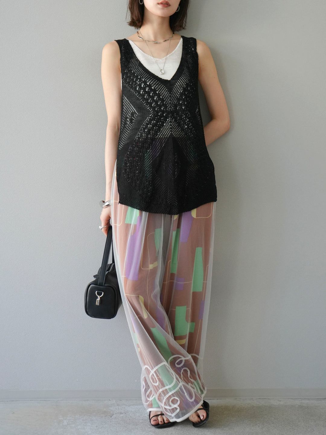 [予約]透かし編みレイヤードニットトップス/ブラック