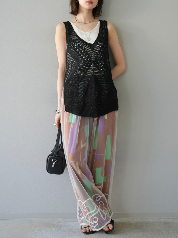 [予約]透かし編みレイヤードニットトップス/ブラック