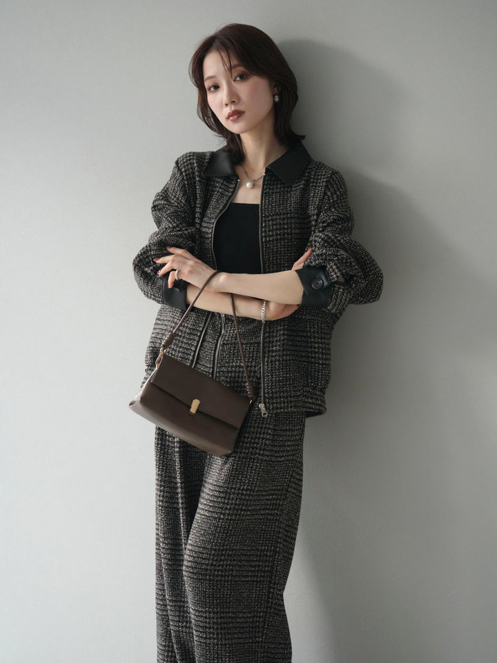 [予約]レザー襟ミックスツイードジャケット/brown