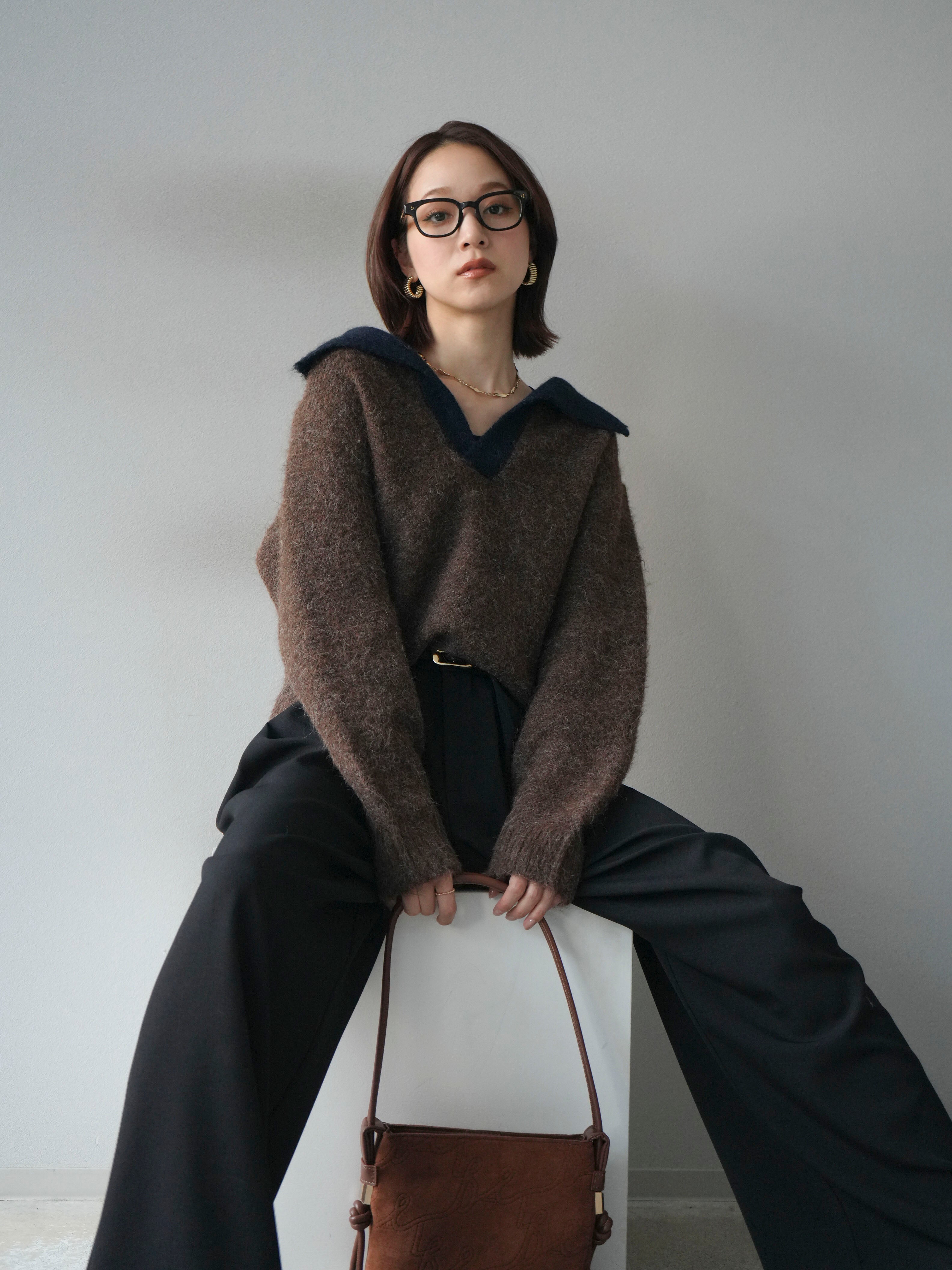 SET]バイカラー襟付きニットプルオーバー+ベルトループデザインワイド