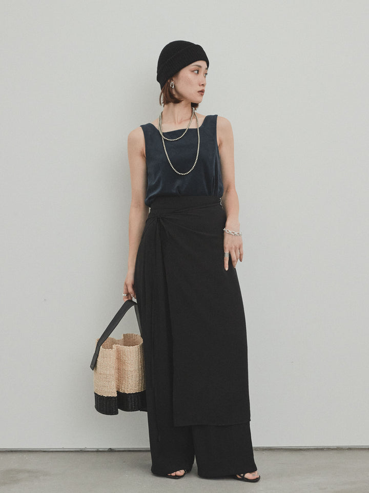 [予約]ワッシャーサテンレイヤードスカートパンツ/ブラック