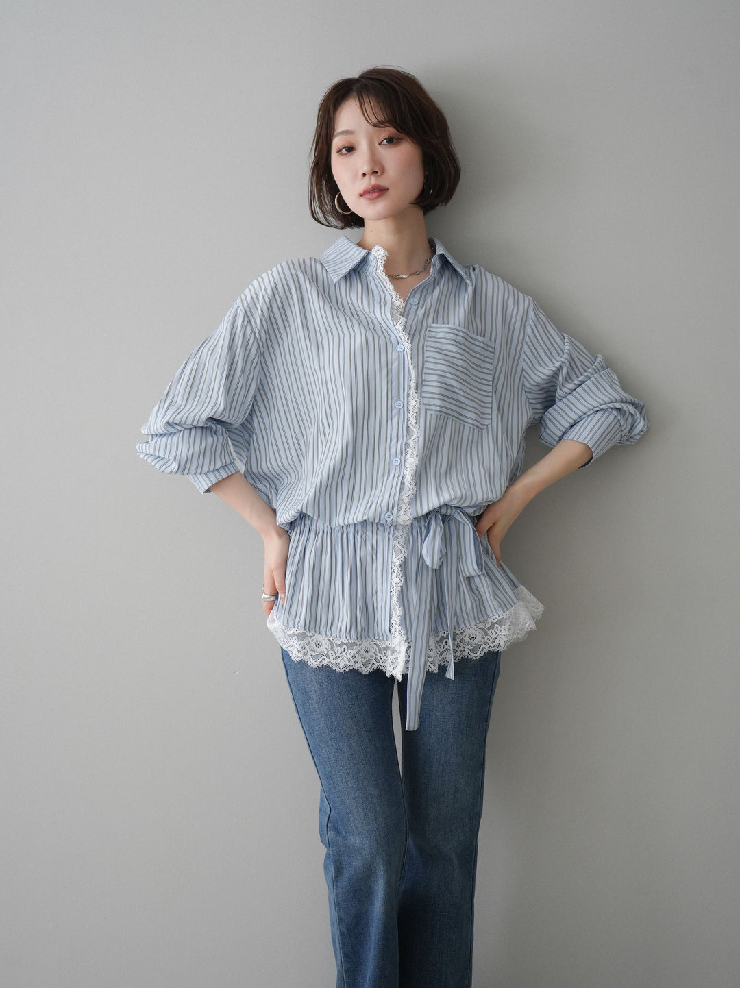[SET]レース付ストライプウエストギャザーシャツ+フリンジデザインセミフレアデニム(2set)
