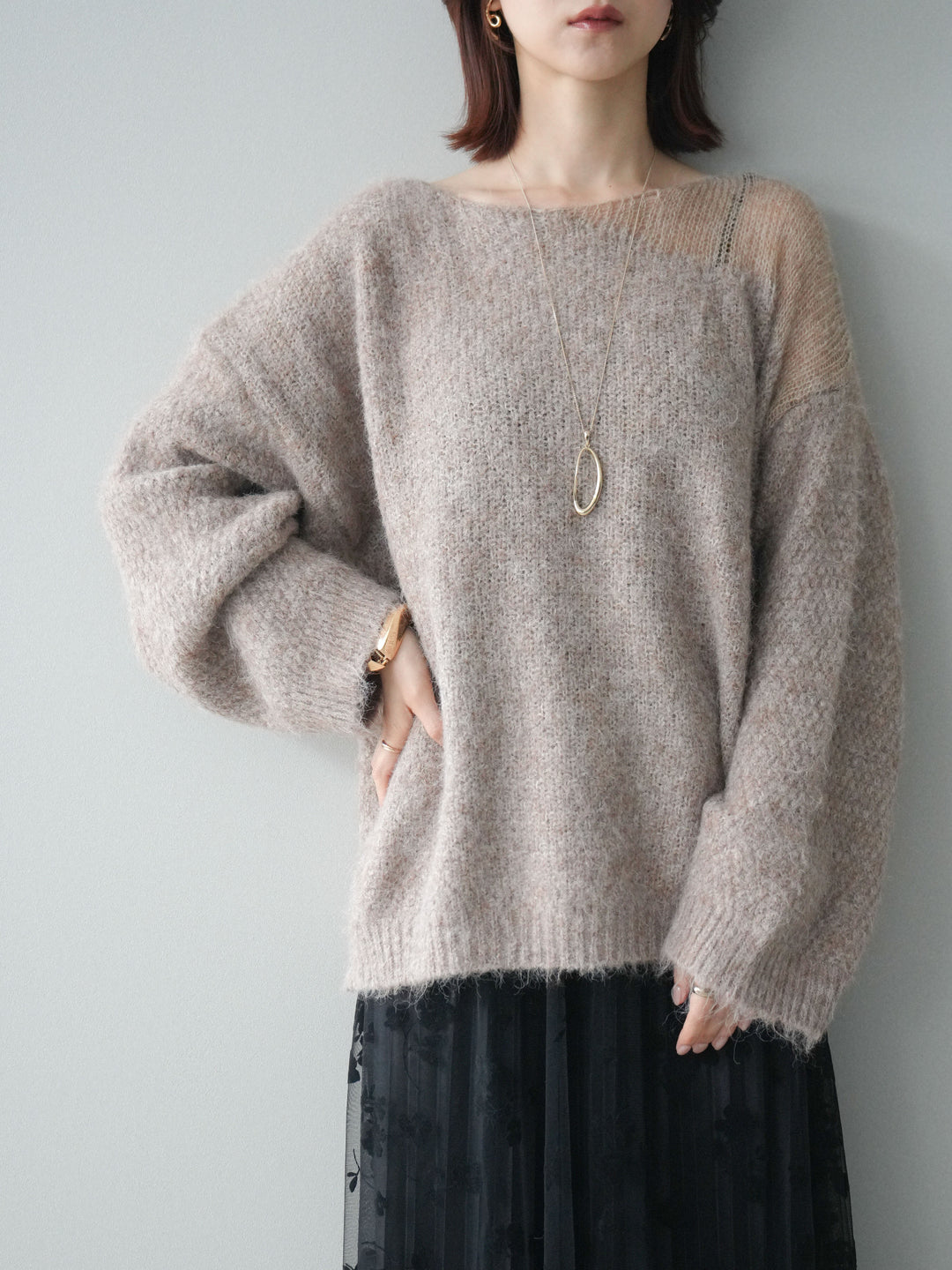 [SET]透かしデザインニットプルオーバー+フラワーフロッキーチュールプリーツスカート(2set)