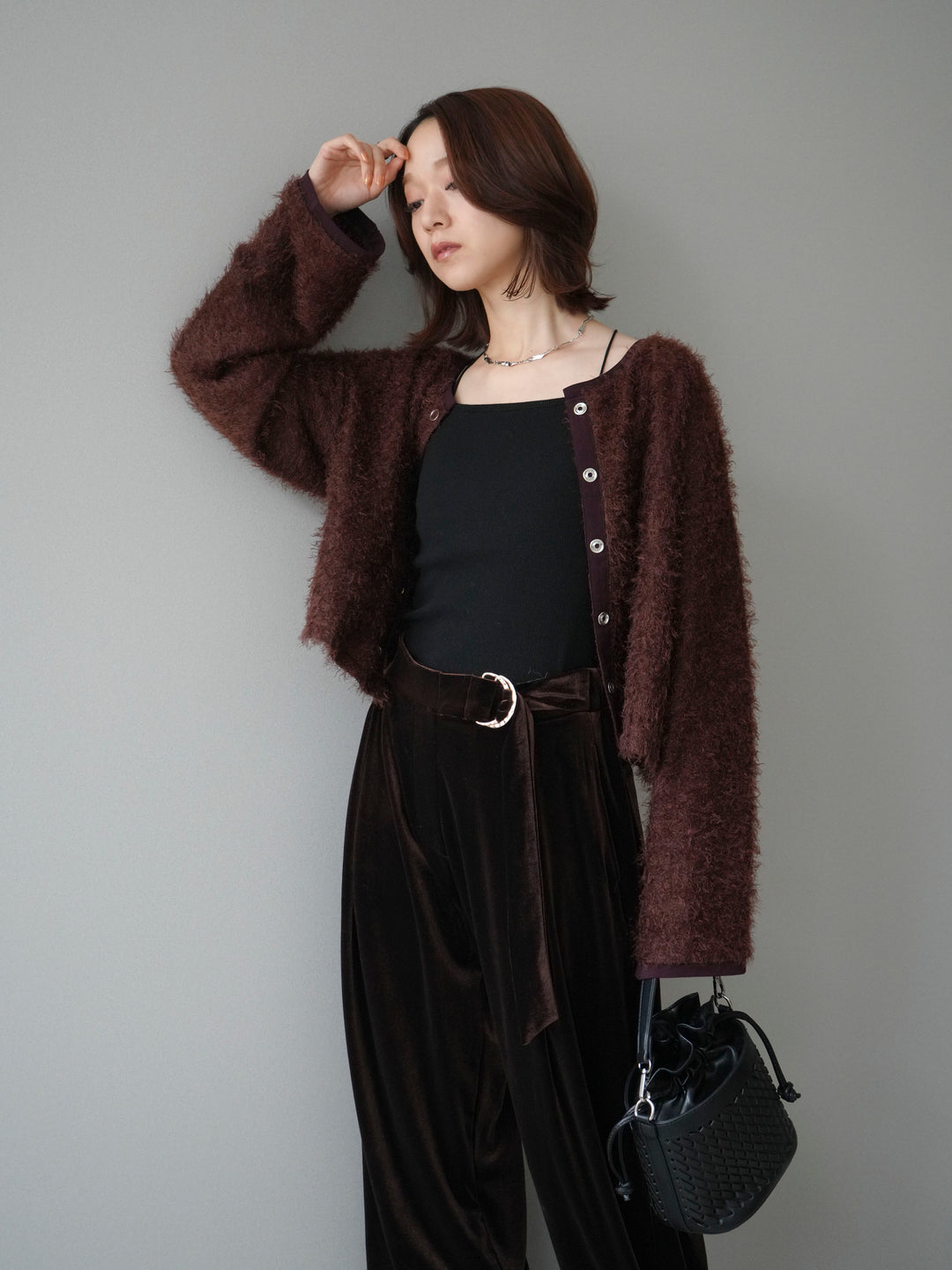 [予約]バイカラー2WAYシャギーニットカーディガン/brown