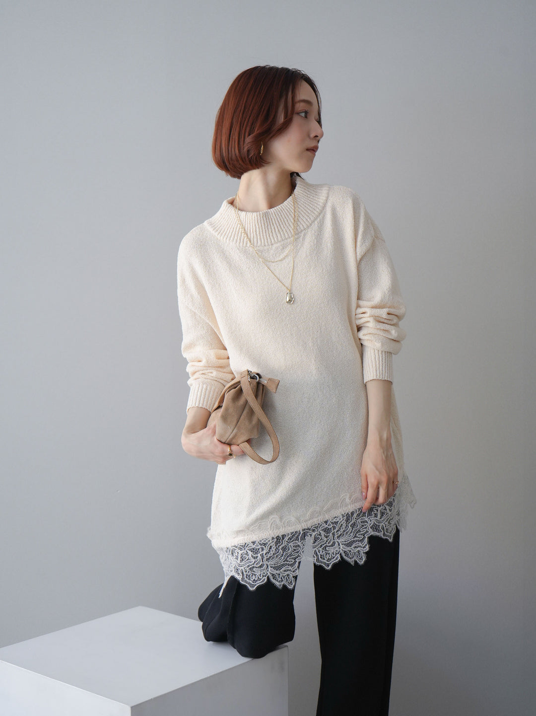 [SET]アシンメトリーレースヘムニットプルオーバー+2WAYデザインスウェットパンツ(2set)