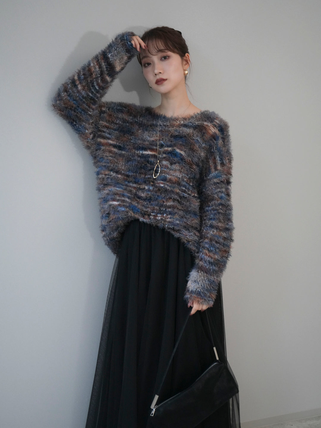 [予約]ミックスシャギールーズニットプルオーバー/blue