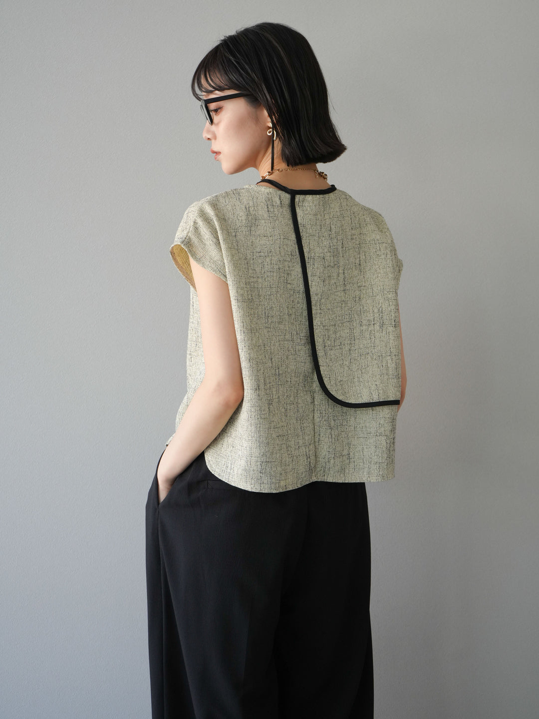 [SET]サマーツイードケープデザインプルオーバー+クレープシフォンタックワイドパンツ(2set)