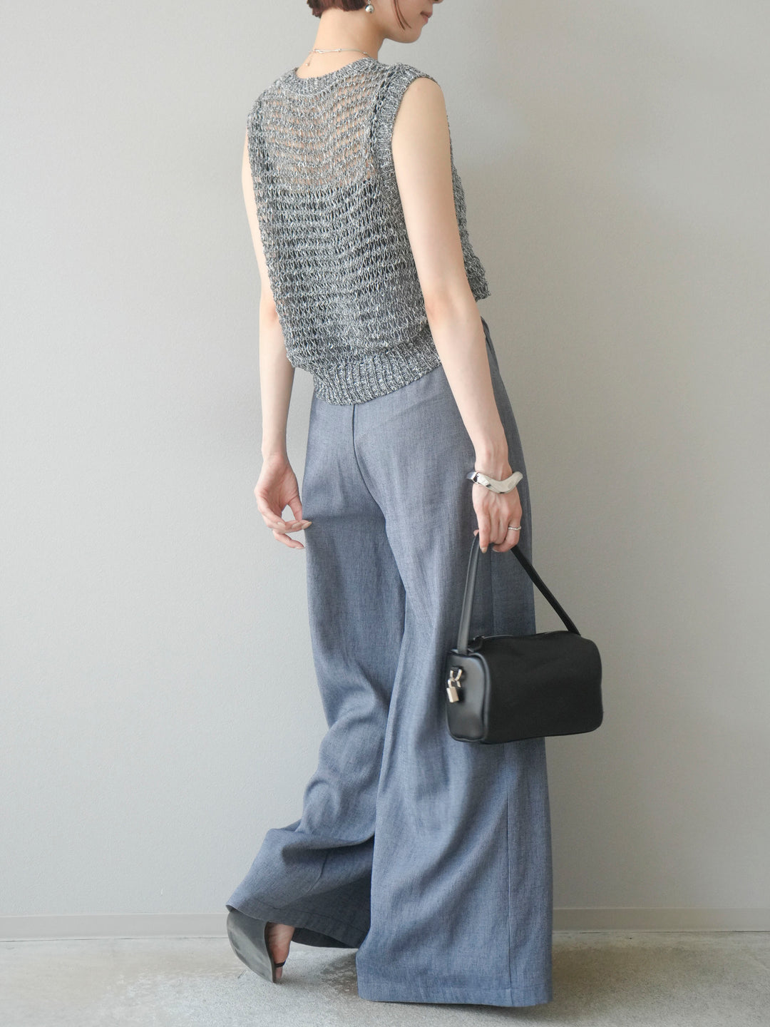 【預購】仿亞麻雙褶設計寬褲/藏青色