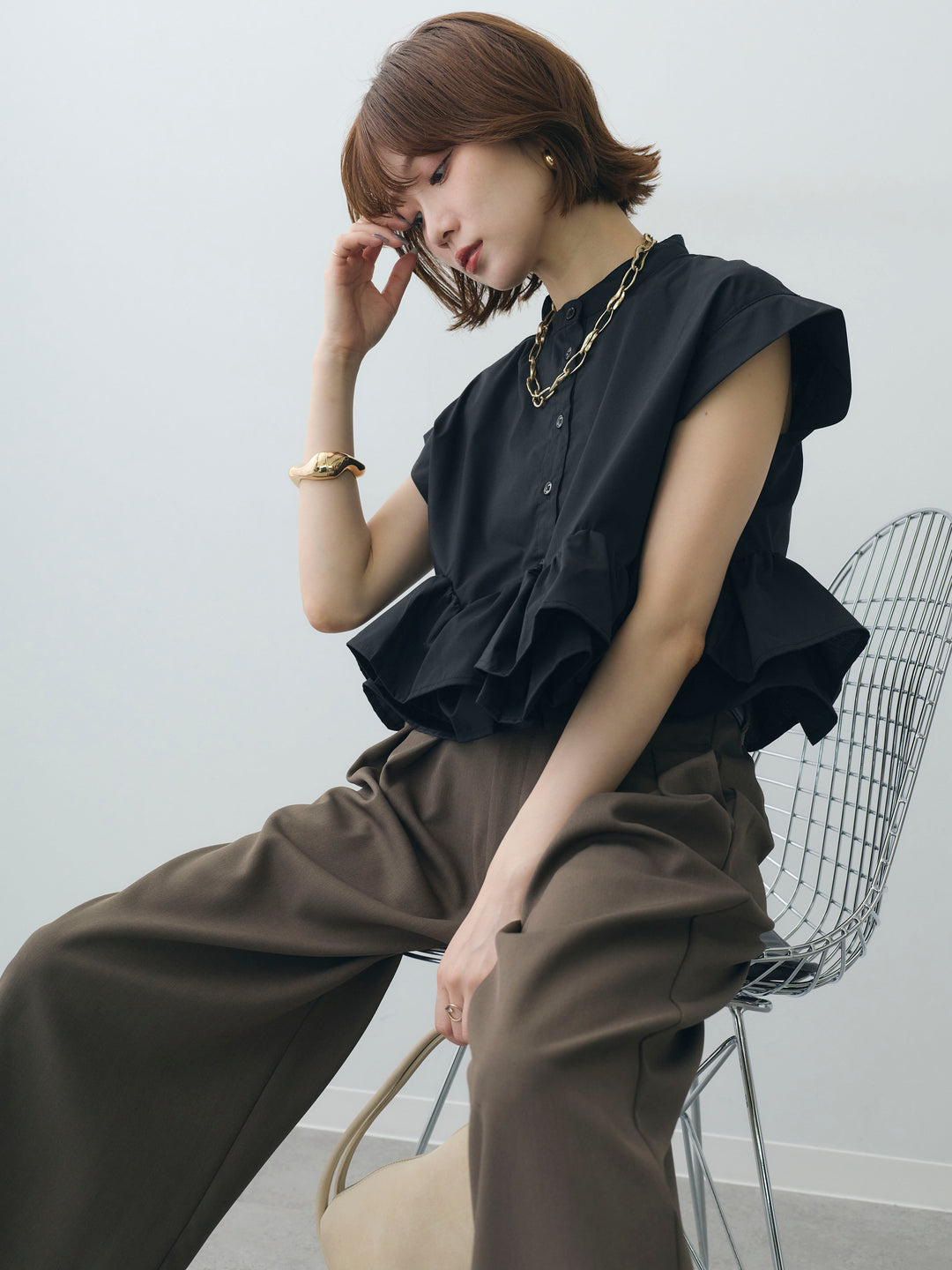 [SET]ブロードフレンチフリルヘムブラウス+クレープデシンタックワイドパンツ(2set)