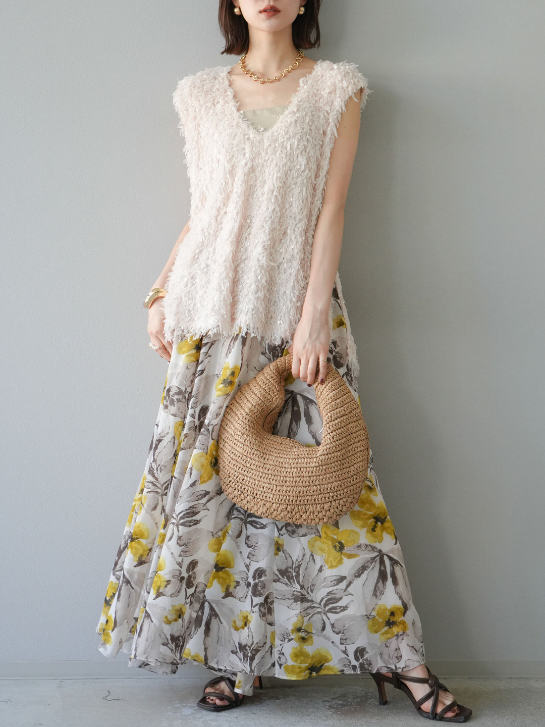 [予約]フラワープリントボリュームフレアスカート/イエロー