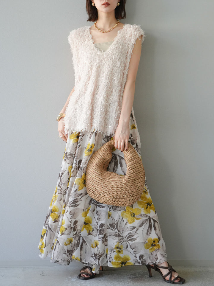 [予約]フラワープリントボリュームフレアスカート/イエロー