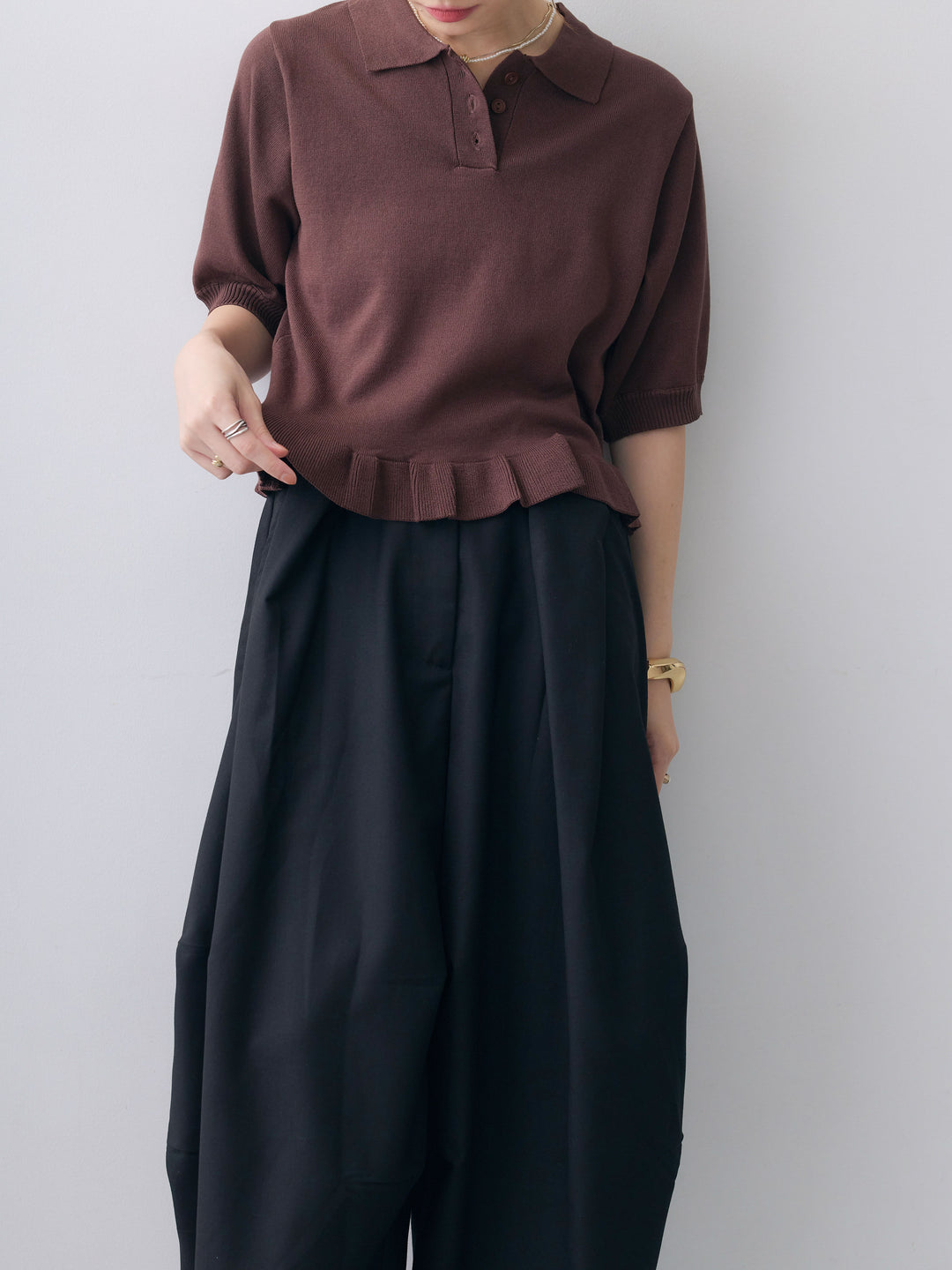 [予約]クールタッチポロフリルニットプルオーバー/brown