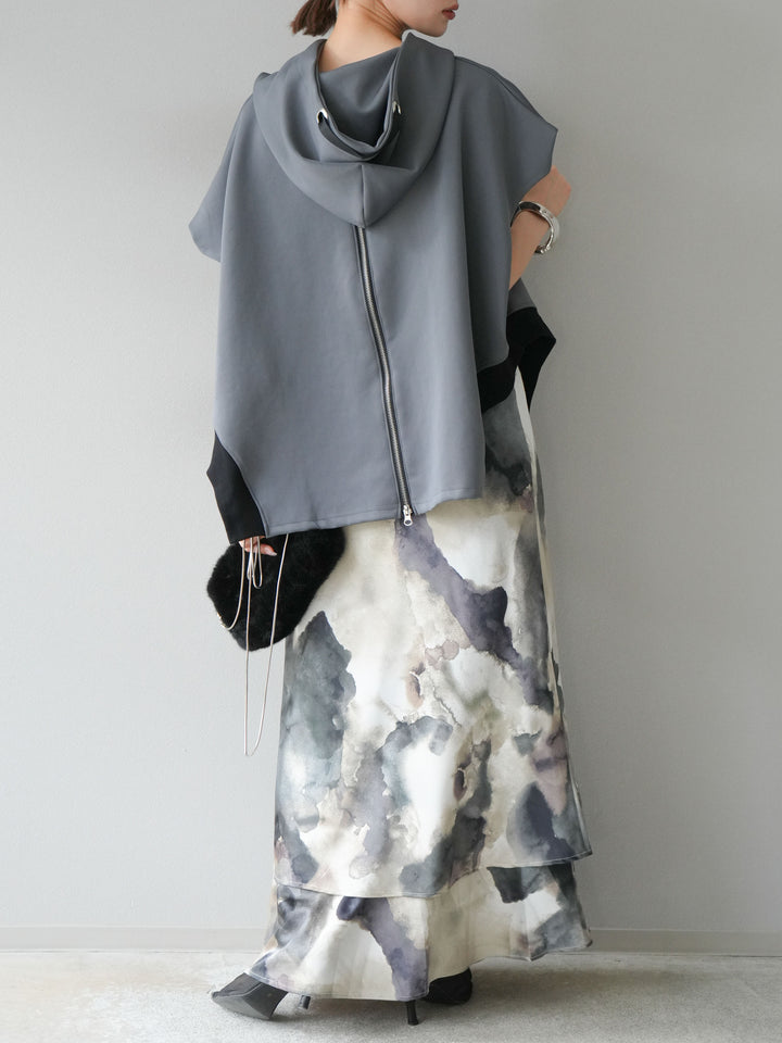 [SET]アシンメトリードルマンバックZIPフーディー+ニュアンスサテンフリルスカート(2set)