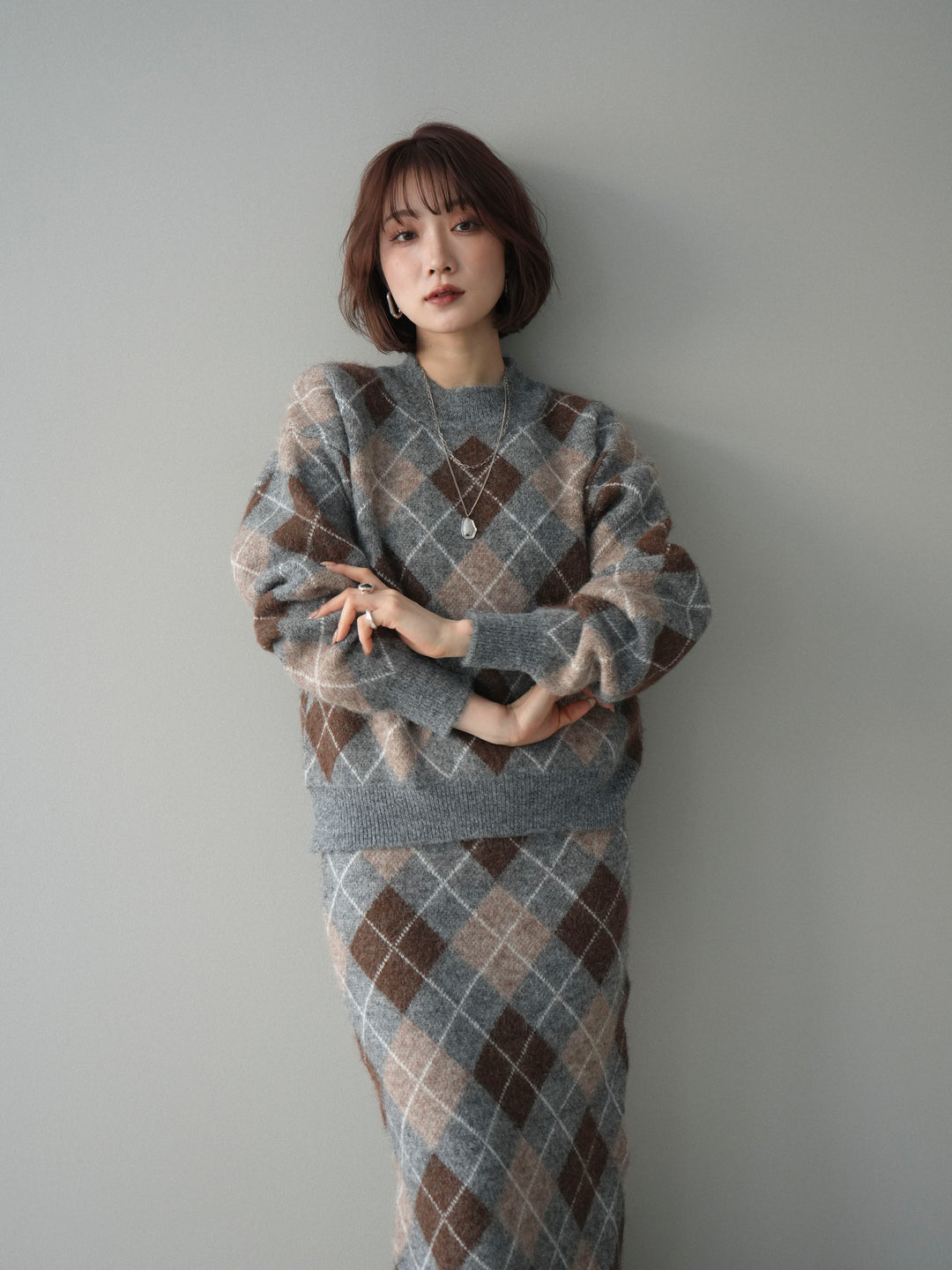 [SET]アーガイルニットプルオーバー&ロングスカートSET UP+選べるアクセセット(2set)