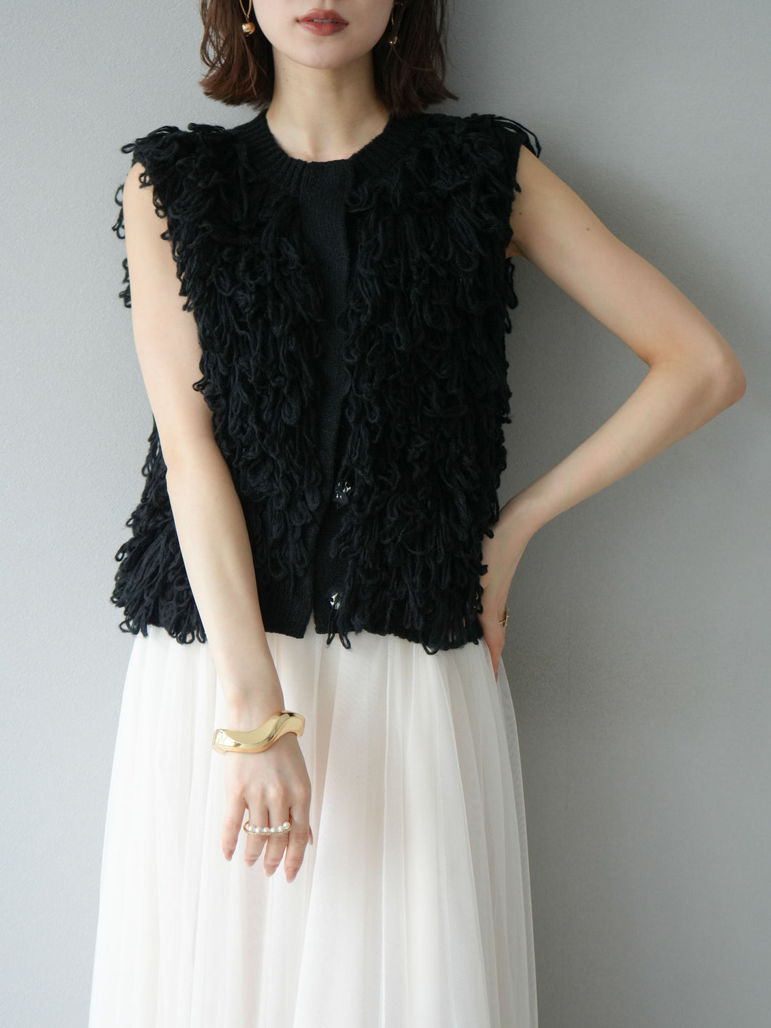 [SET] 前開衩針織背心 + 薄紗蓬鬆裙 (2 件套)