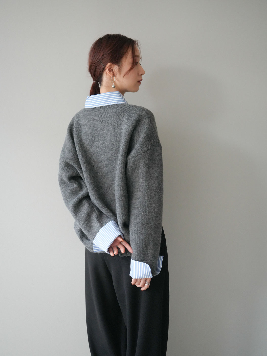 [SET]2WAYストライプ襟ニットプルオーバー+編み込みベルト付きウエスト配色スエットパンツ(2set)