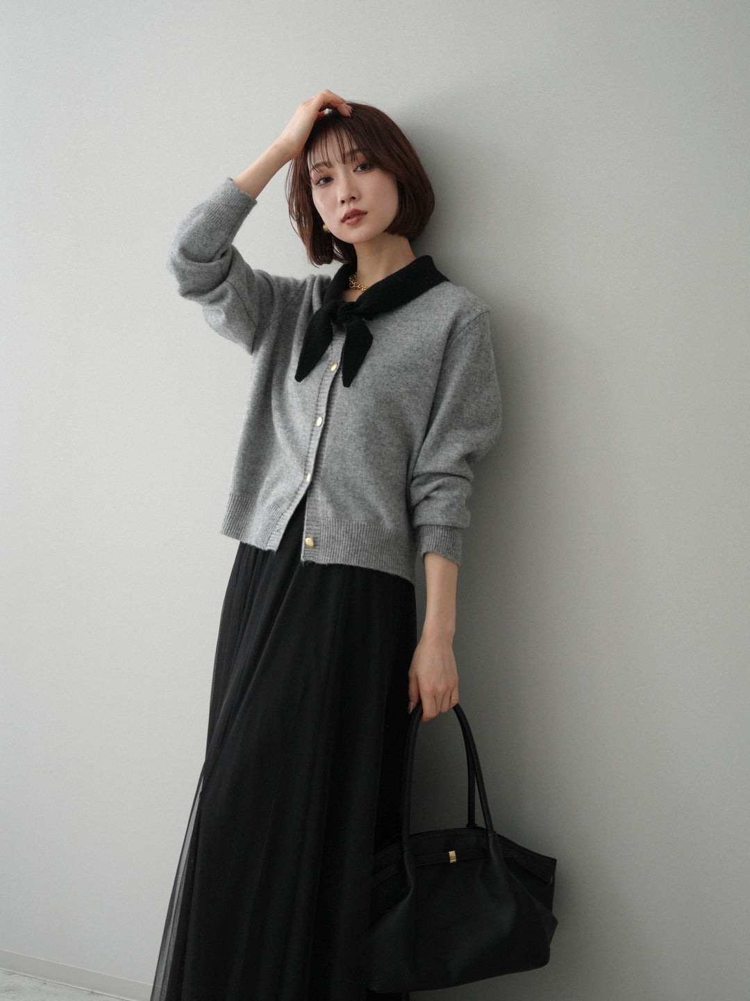 [SET]デザイン襟ニットカーディガン+チュールボリュームスカート(2set)