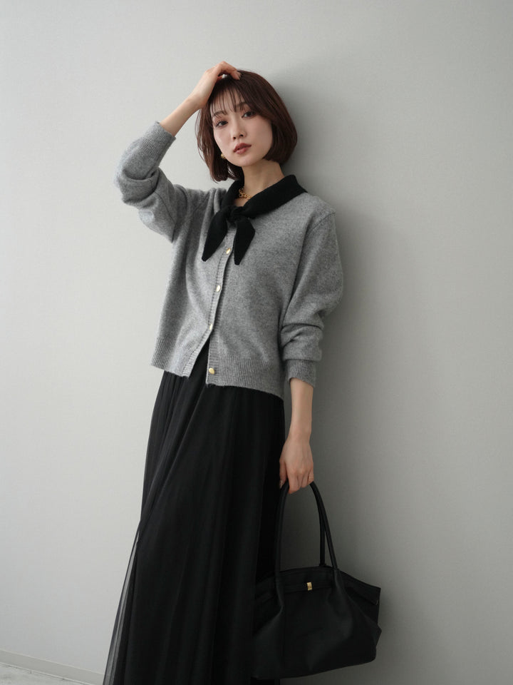[SET]デザイン襟ニットカーディガン+チュールボリュームスカート(2set)