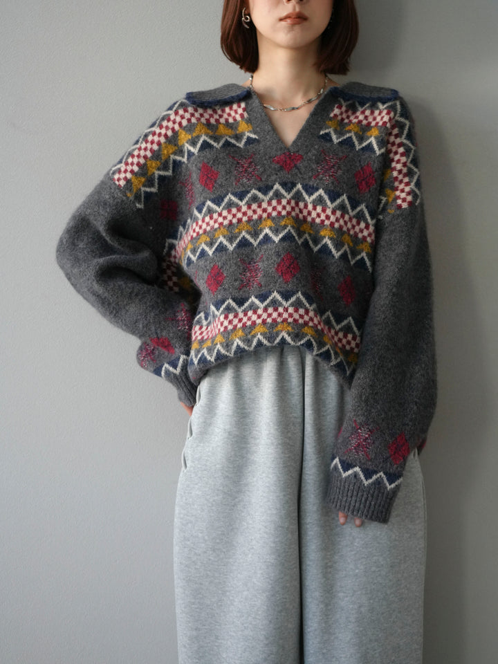 [予約]ノルディック柄ポロニットプルオーバー/チャコール