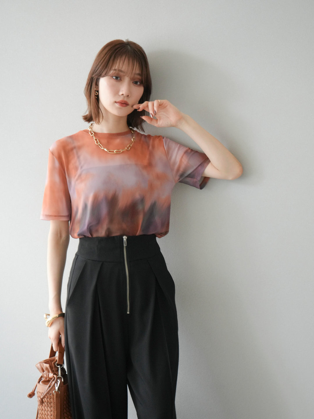 [予約]タイダイ柄シアーハーフトップス/オレンジ