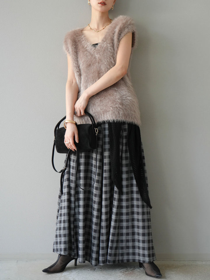 [予約]チェックタックフレアロングスカート/ ブラック
