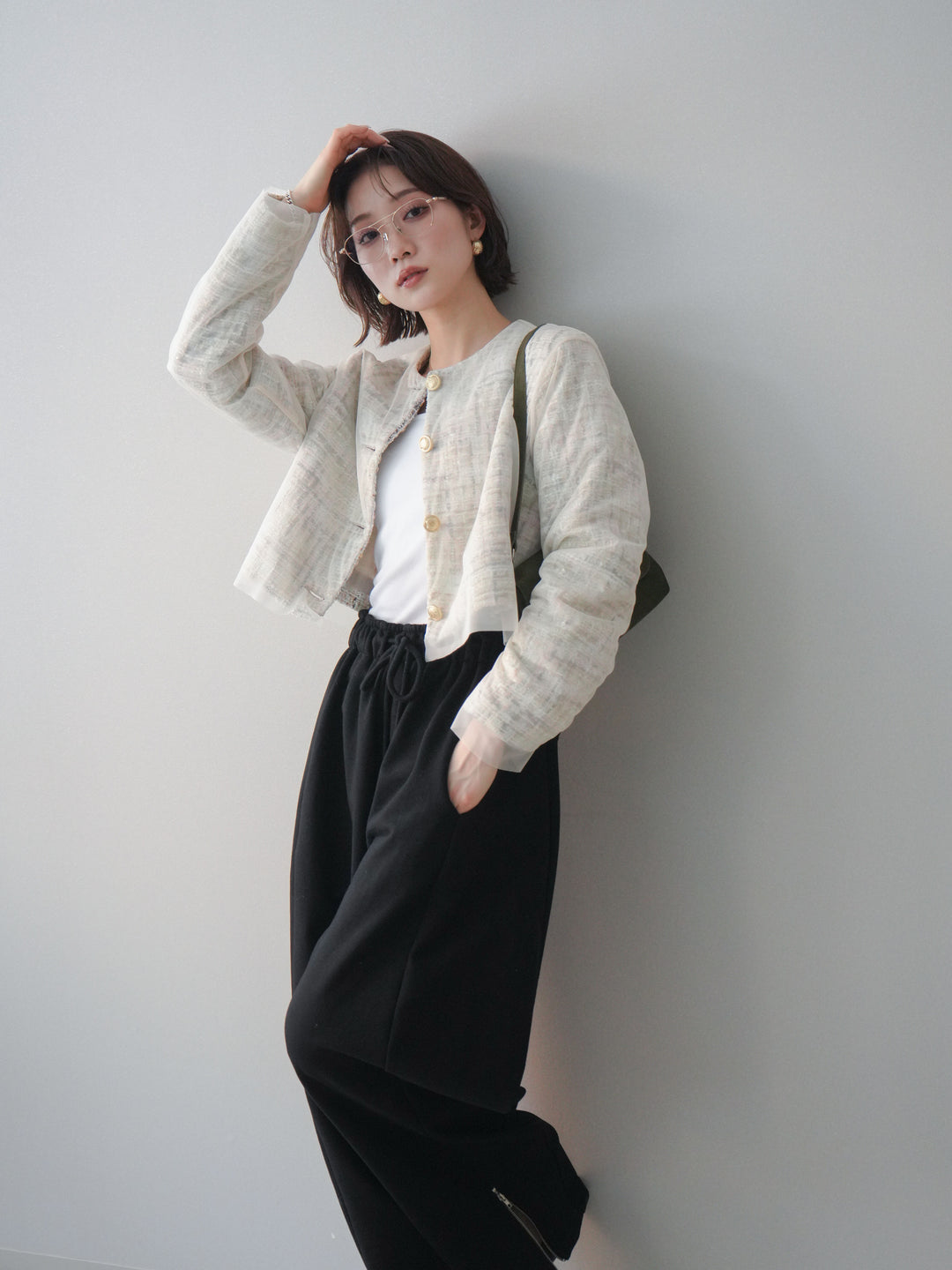 [SET]チュールレイヤードツイードクロップドジャケット+裾ZIPスエットワイドパンツ(2set)