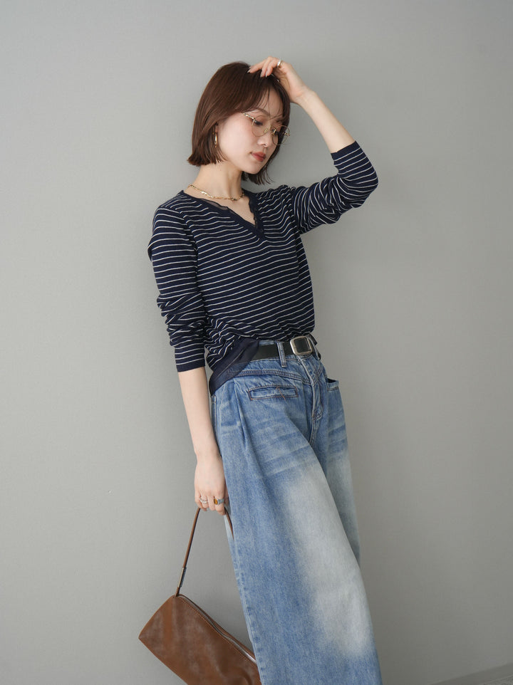 [SET]チュールレイヤードデザインボーダーニットトップス+フロントポケットサイドタックワイドデニム(2set)