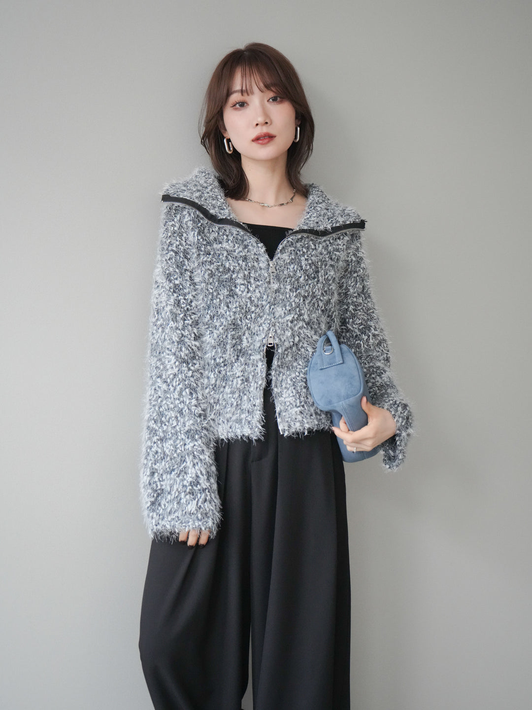 [予約]ミックスシャギージップニットカーディガン/black